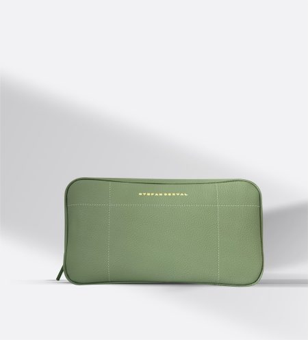 "Luxury STEFAN SERVAL Entrata Superiore travel and toiletry bag in Lichen Green, handcrafted from premium soft grained Italian leather with a distinctive pebble texture and structured silhouette.